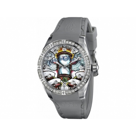 Christian Audigier okrúhle hodinky HOURGLASS s gumovým remienkom vykladané krištáľmi.