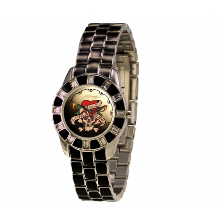 Ed Hardy okrúhle hodinky s kovovým  remienkom so Swarovski krištáľmi.